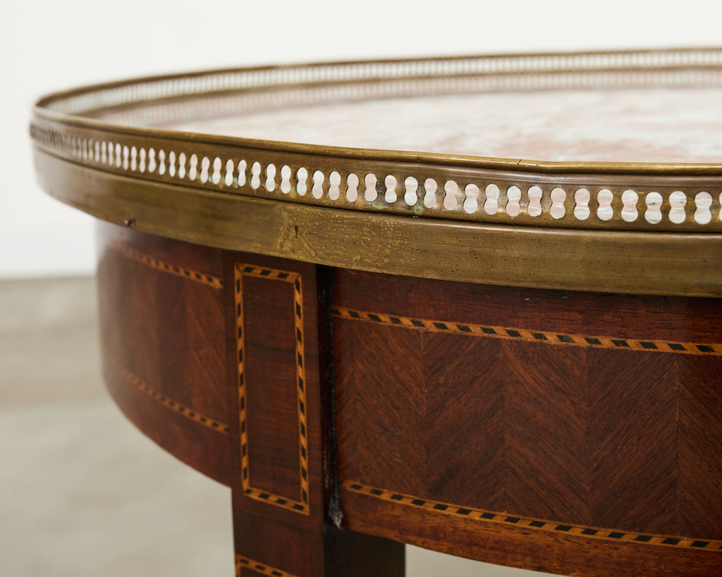 19th Century Louis XVI Style Marble Top Marquetry Bouillotte Table
