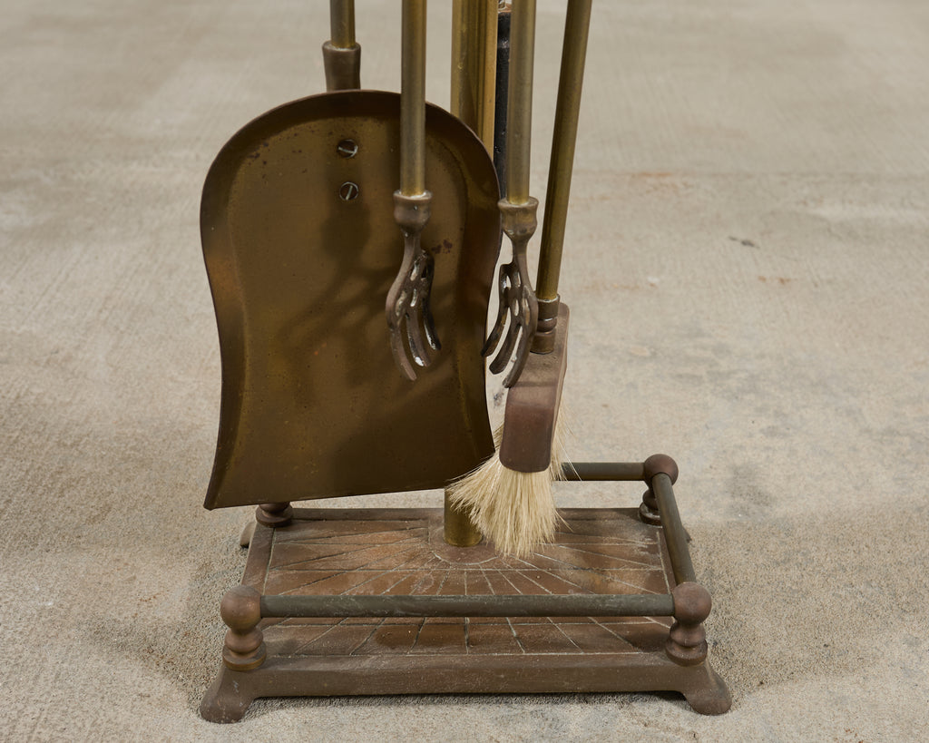 Brass Equestrian Horse Motif Fireplace Tool Set with Stand