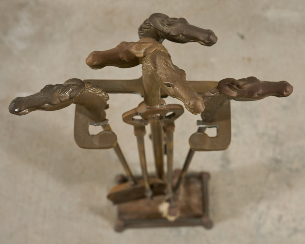 Brass Equestrian Horse Motif Fireplace Tool Set with Stand