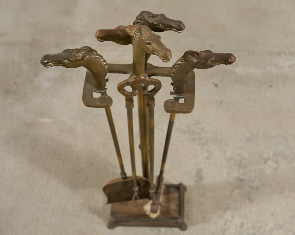 Brass Equestrian Horse Motif Fireplace Tool Set with Stand