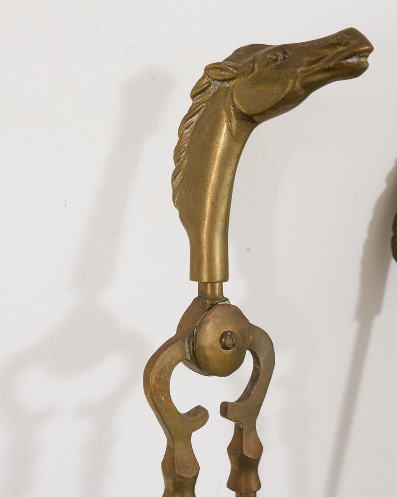 Brass Equestrian Horse Motif Fireplace Tool Set with Stand