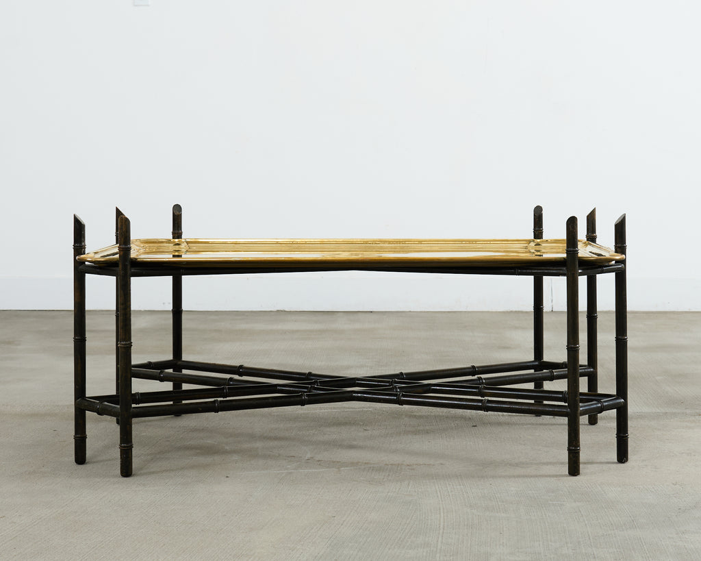 German Regency Brass Tray Faux Bamboo Cocktail Table