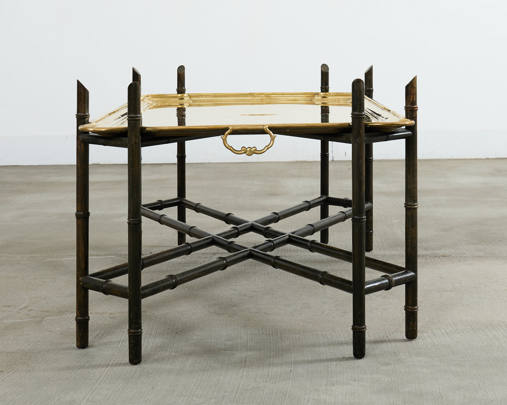 German Regency Brass Tray Faux Bamboo Cocktail Table
