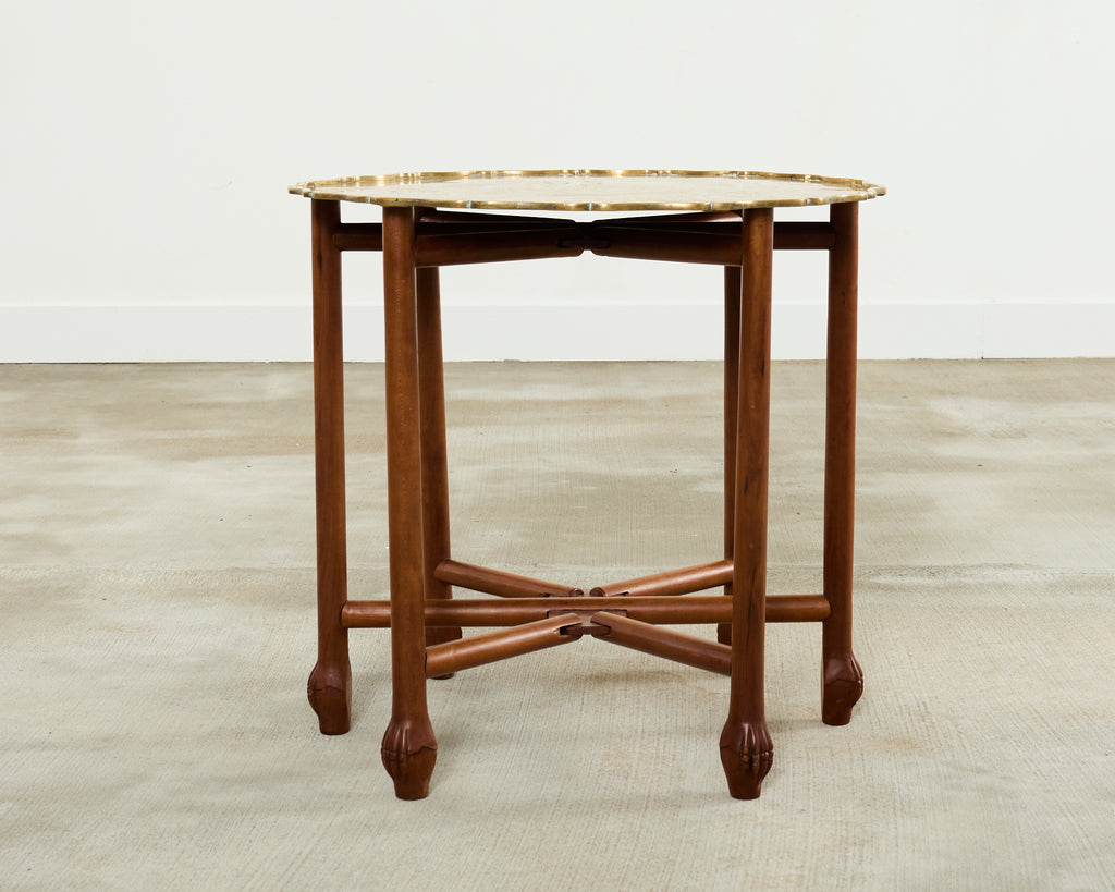 Asian Etched Brass Tray Table on Six Leg Folding Stand