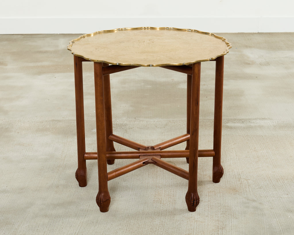 Asian Etched Brass Tray Table on Six Leg Folding Stand