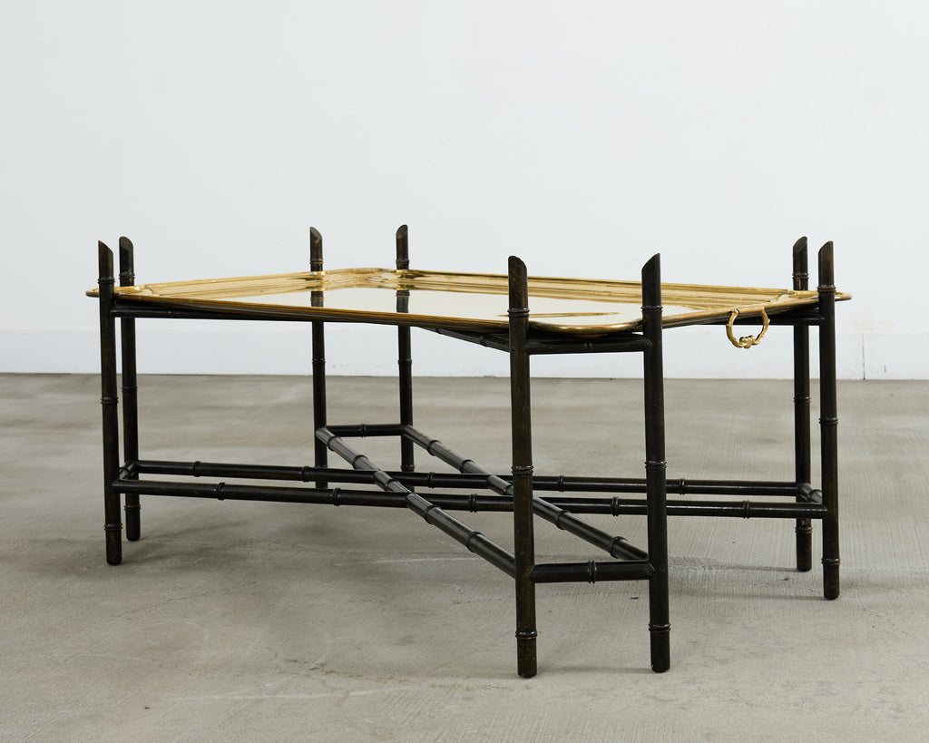 German Regency Brass Tray Faux Bamboo Cocktail Table