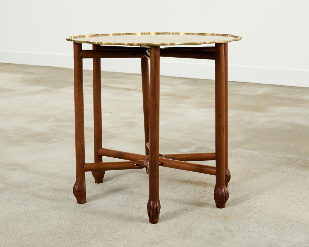 Asian Etched Brass Tray Table on Six Leg Folding Stand