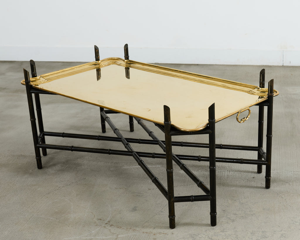 German Regency Brass Tray Faux Bamboo Cocktail Table