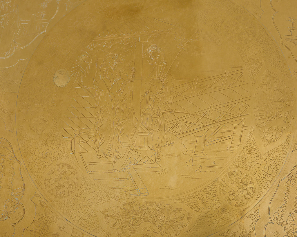 Asian Etched Brass Tray Table on Six Leg Folding Stand