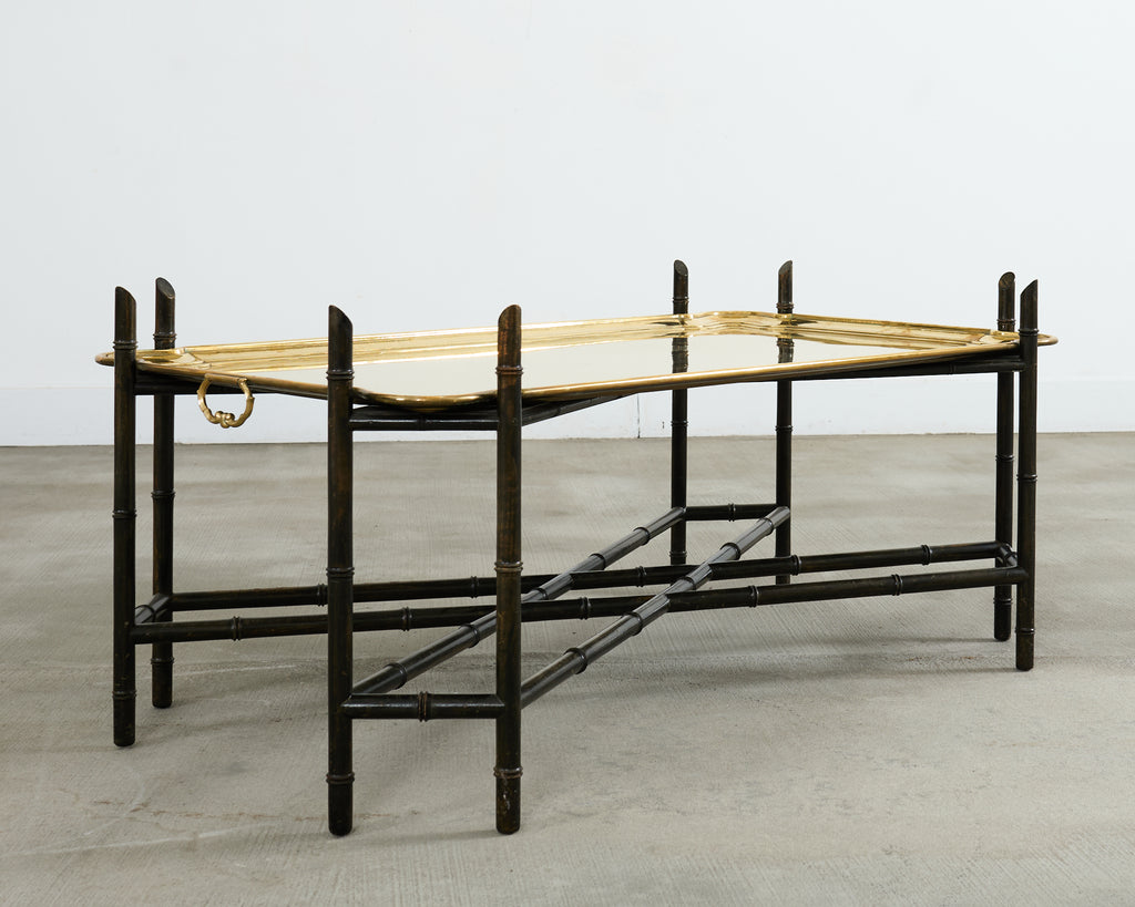 German Regency Brass Tray Faux Bamboo Cocktail Table