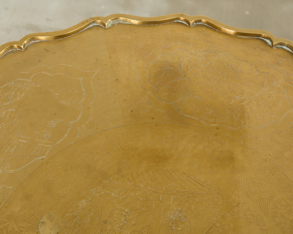 Asian Etched Brass Tray Table on Six Leg Folding Stand