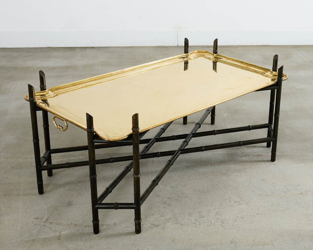 German Regency Brass Tray Faux Bamboo Cocktail Table