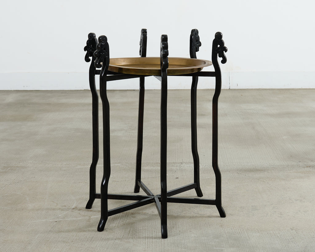 Midcentury Asian Brass Tray Drink Table Hexagonal Folding Stand