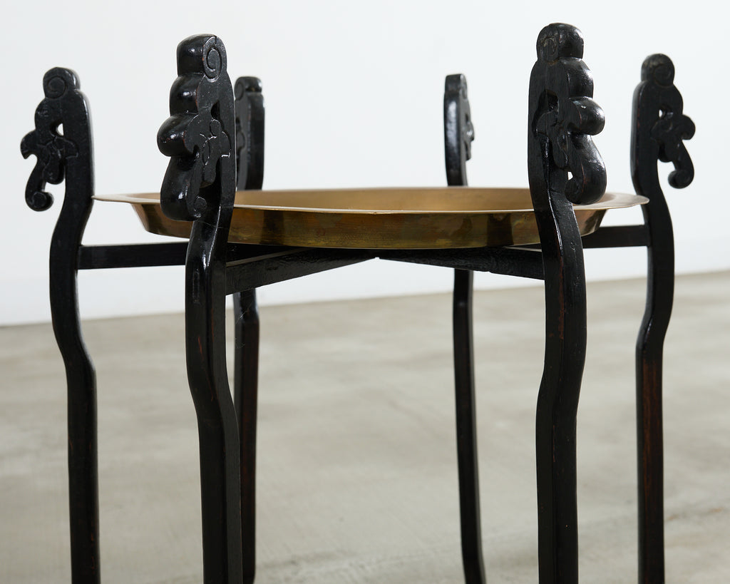 Midcentury Asian Brass Tray Drink Table Hexagonal Folding Stand