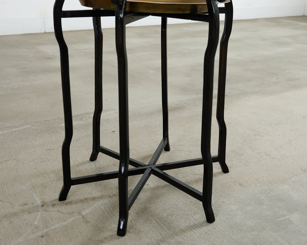 Midcentury Asian Brass Tray Drink Table Hexagonal Folding Stand