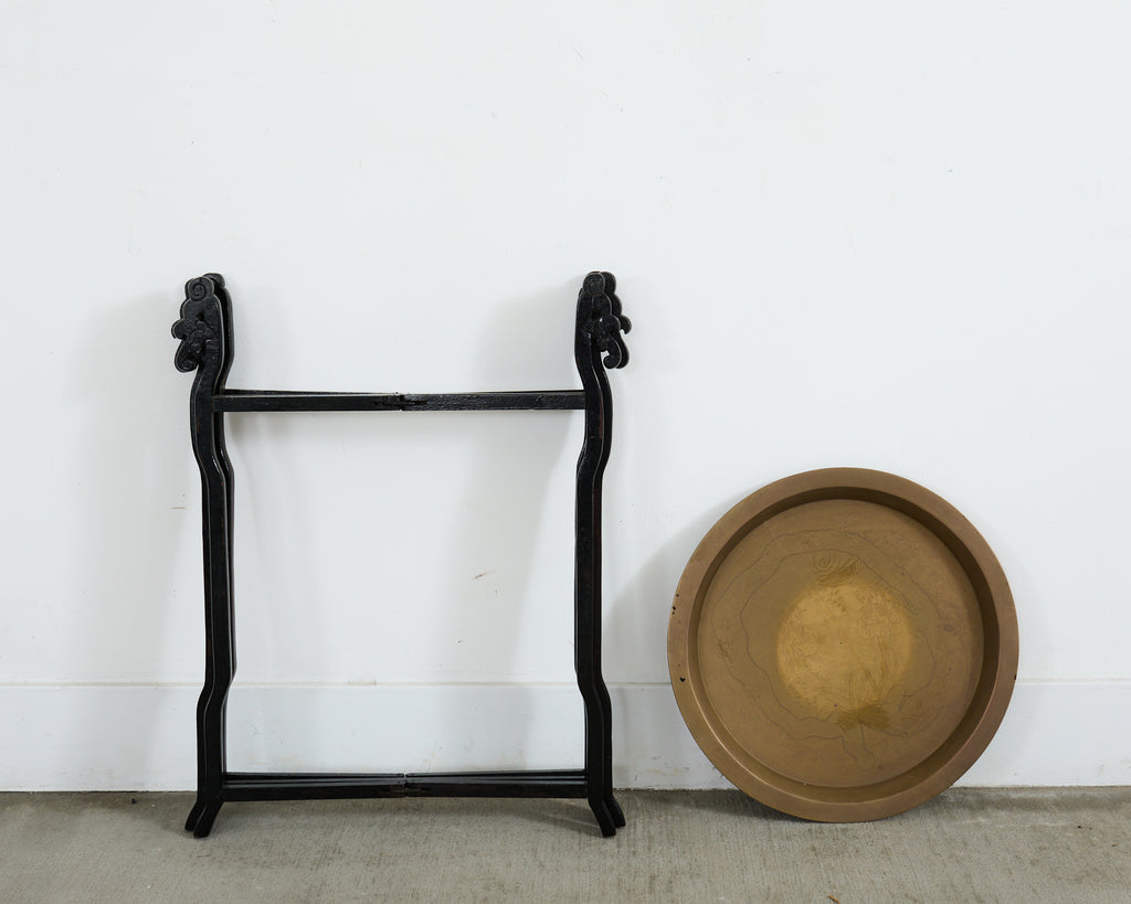 Midcentury Asian Brass Tray Drink Table Hexagonal Folding Stand