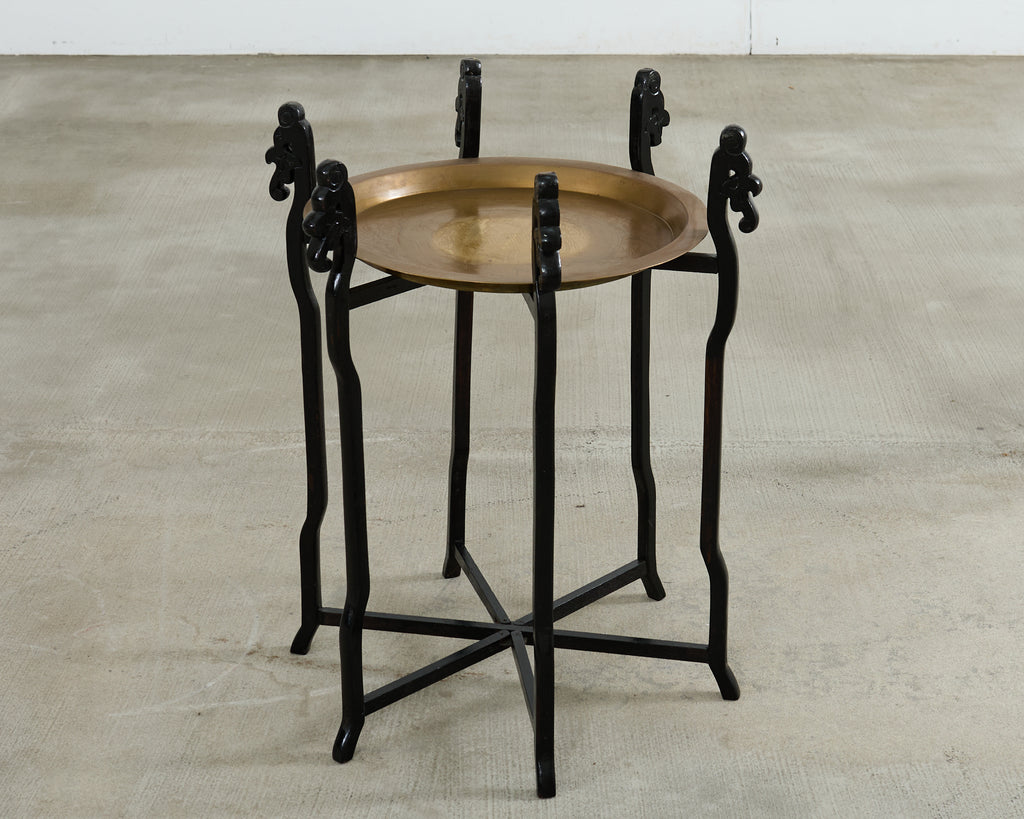 Midcentury Asian Brass Tray Drink Table Hexagonal Folding Stand