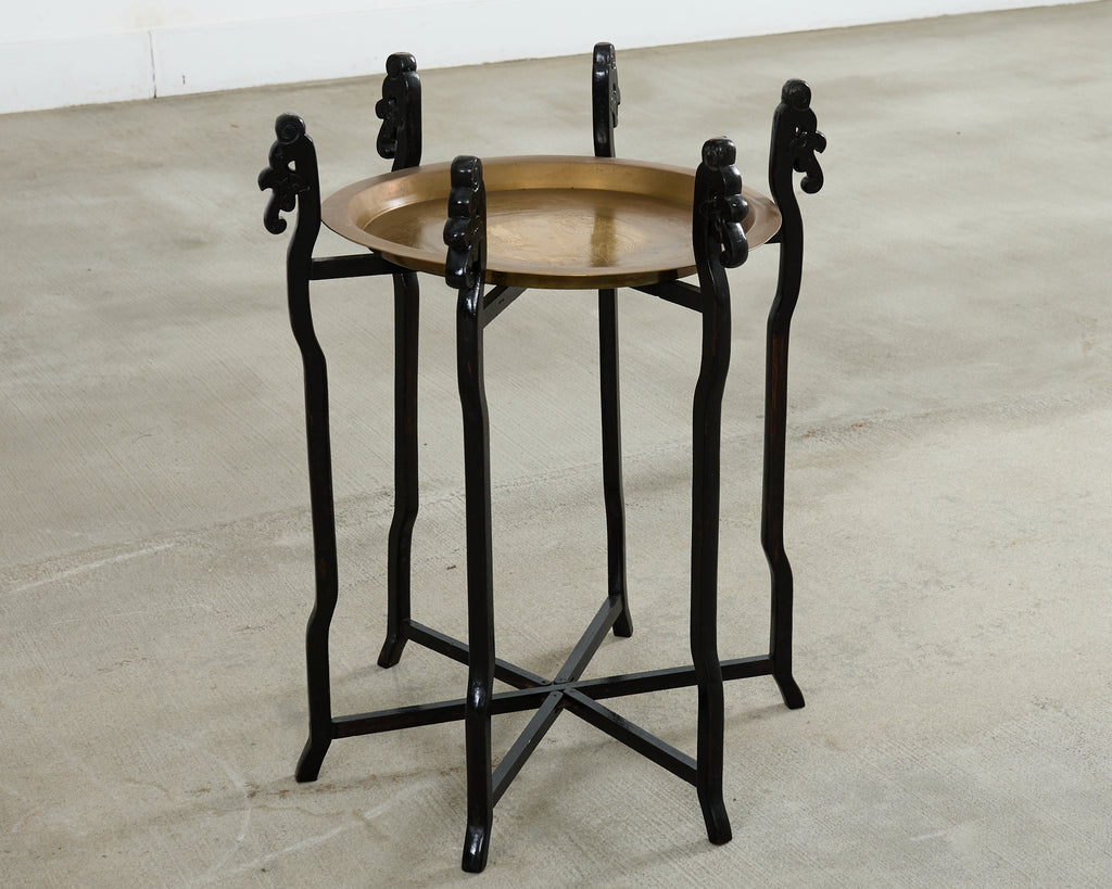 Midcentury Asian Brass Tray Drink Table Hexagonal Folding Stand