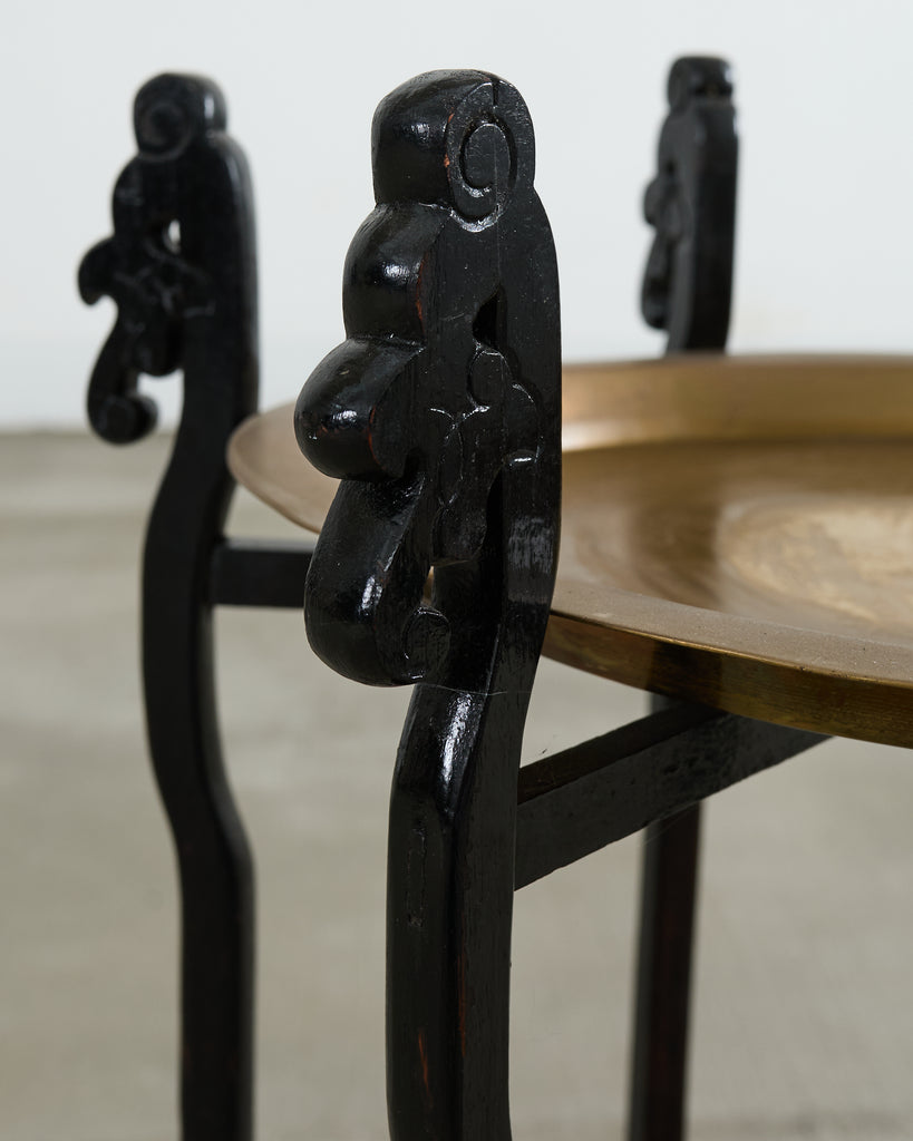 Midcentury Asian Brass Tray Drink Table Hexagonal Folding Stand