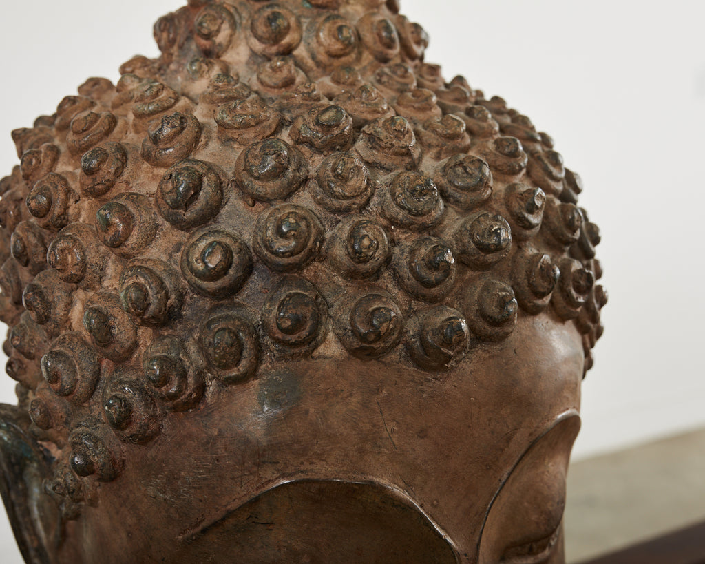 Large Patinated Bronze Sukhothai Style Buddha Head Sculpture