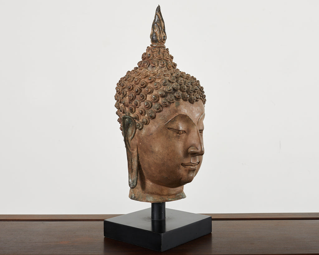 Large Patinated Bronze Sukhothai Style Buddha Head Sculpture
