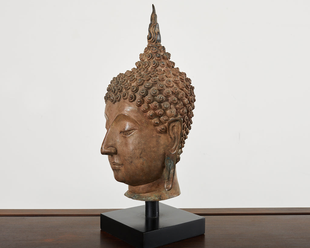 Large Patinated Bronze Sukhothai Style Buddha Head Sculpture