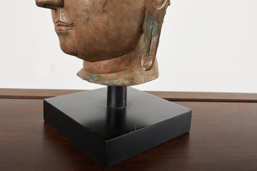 Large Patinated Bronze Sukhothai Style Buddha Head Sculpture
