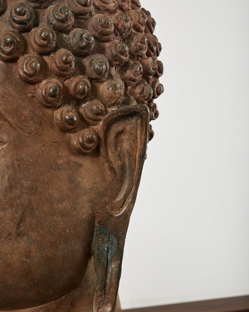 Large Patinated Bronze Sukhothai Style Buddha Head Sculpture