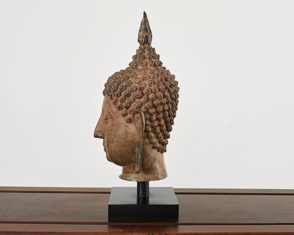 Large Patinated Bronze Sukhothai Style Buddha Head Sculpture