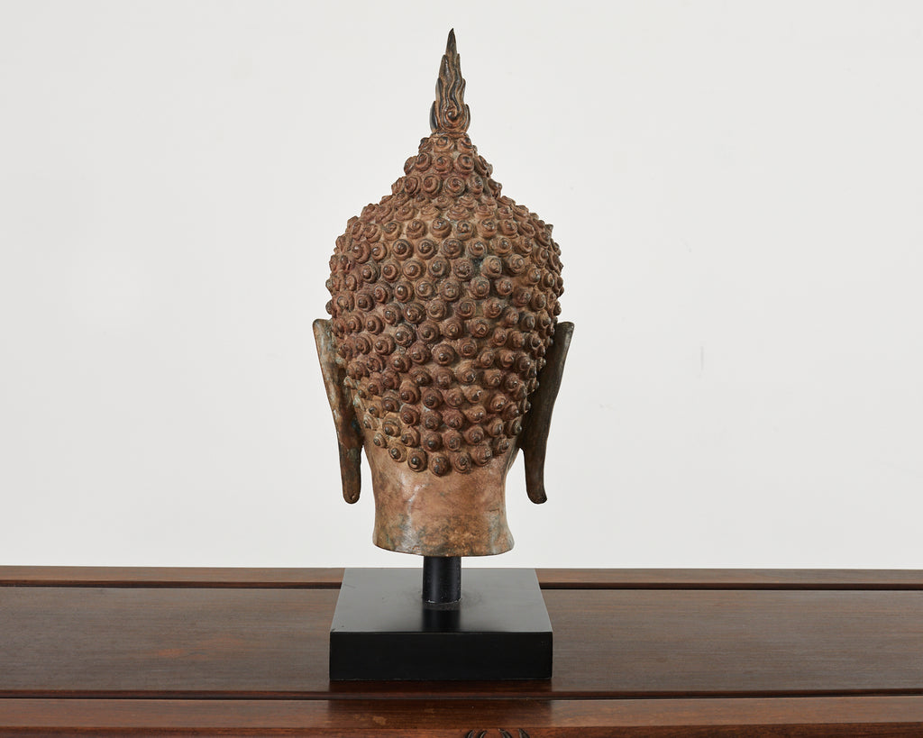 Large Patinated Bronze Sukhothai Style Buddha Head Sculpture