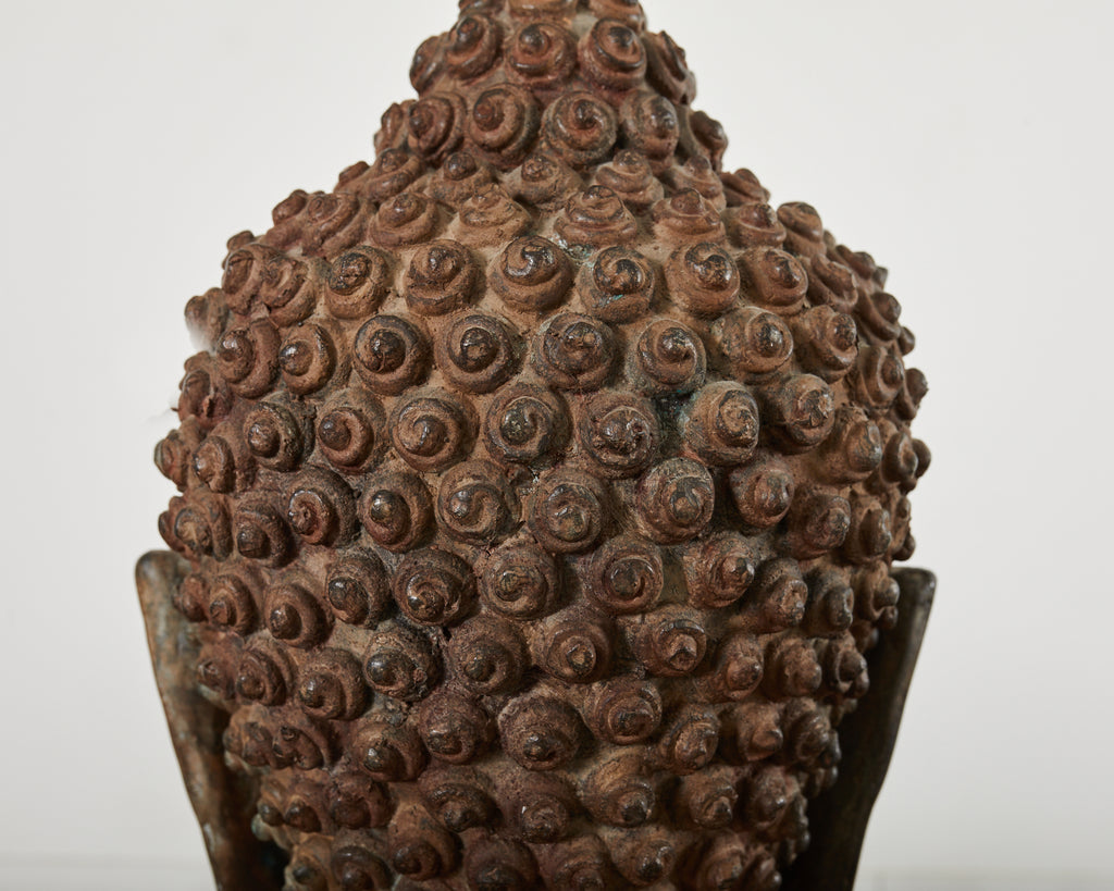 Large Patinated Bronze Sukhothai Style Buddha Head Sculpture