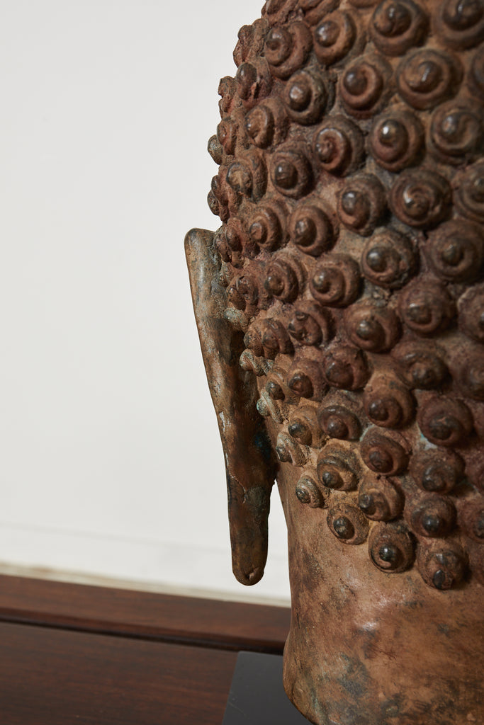 Large Patinated Bronze Sukhothai Style Buddha Head Sculpture