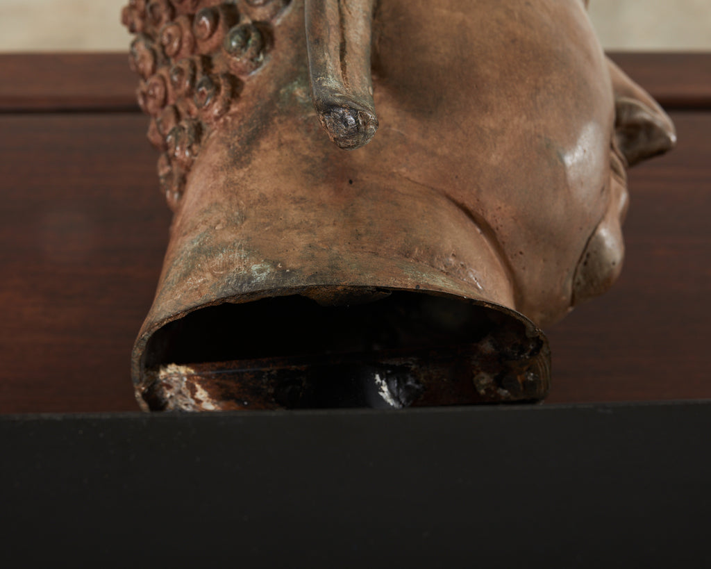 Large Patinated Bronze Sukhothai Style Buddha Head Sculpture