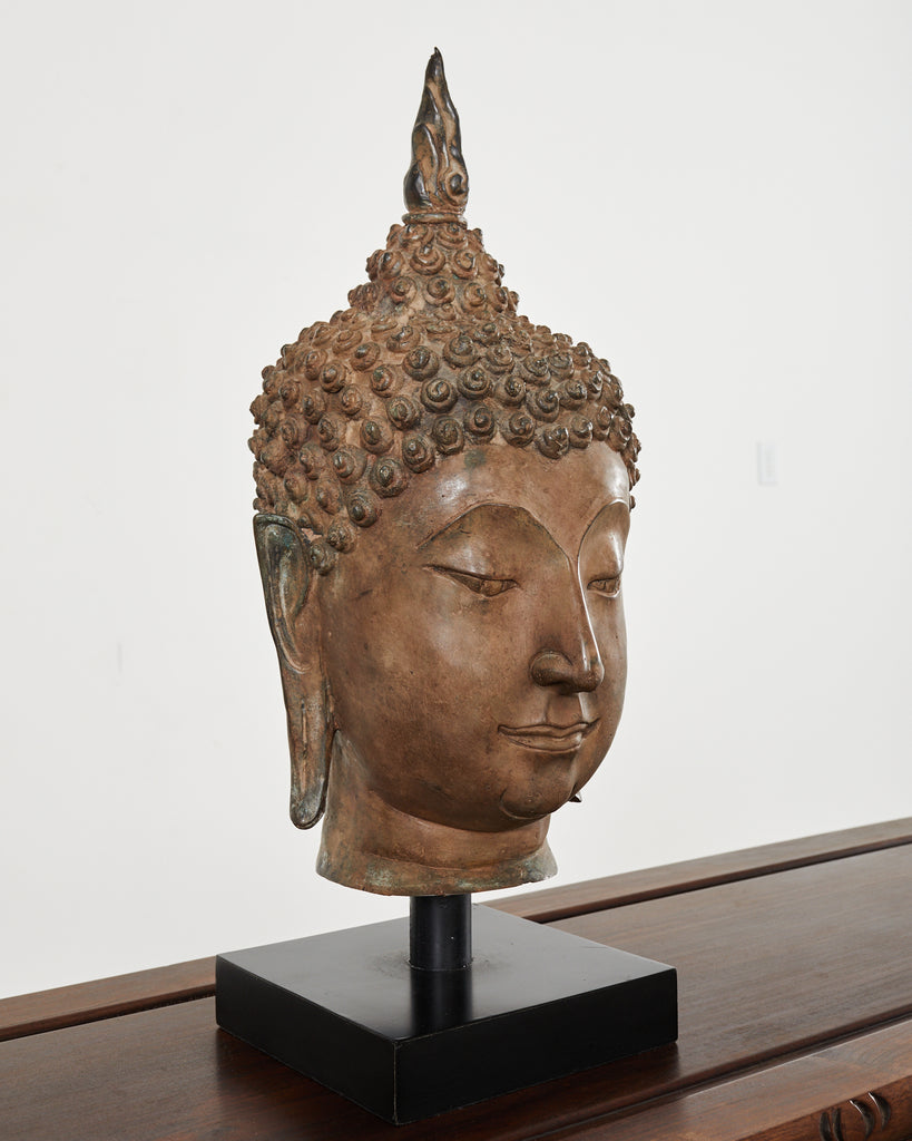 Large Patinated Bronze Sukhothai Style Buddha Head Sculpture