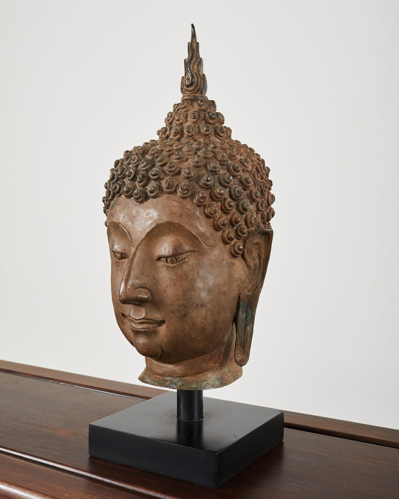 Large Patinated Bronze Sukhothai Style Buddha Head Sculpture