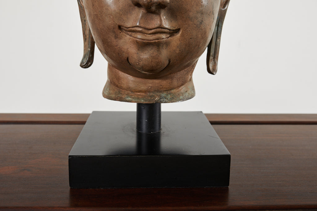 Large Patinated Bronze Sukhothai Style Buddha Head Sculpture