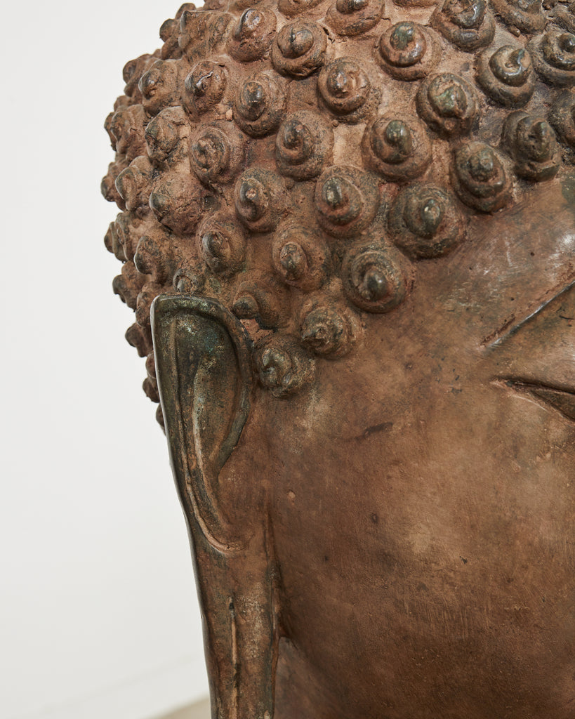 Large Patinated Bronze Sukhothai Style Buddha Head Sculpture
