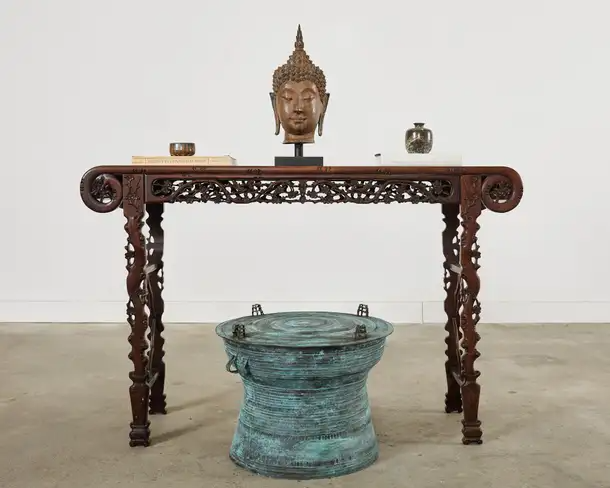 Large Patinated Bronze Sukhothai Style Buddha Head Sculpture