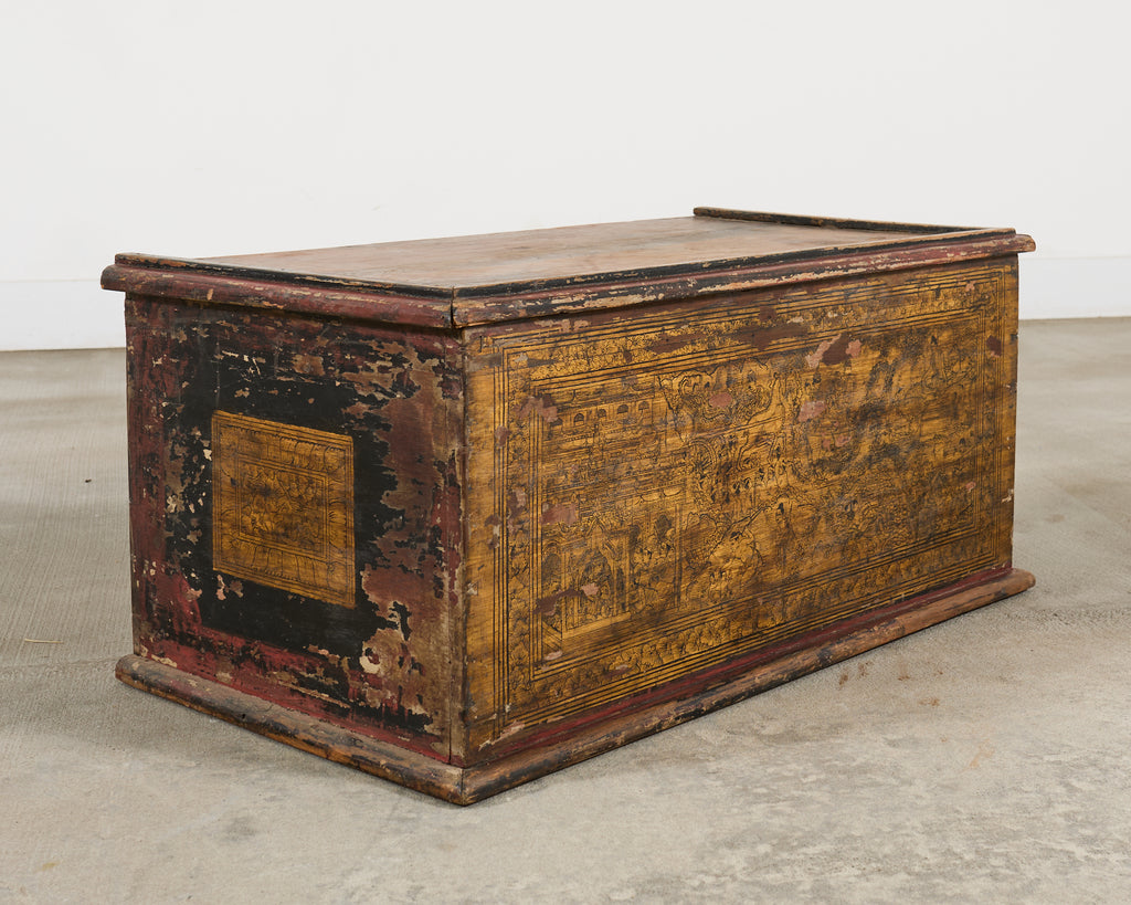 19th Century Burmese Lacquered Wooden Buddhist Trunk or Chest