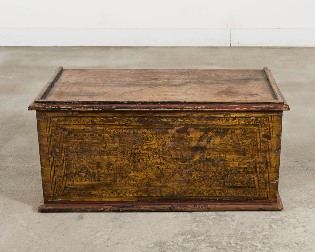 19th Century Burmese Lacquered Wooden Buddhist Trunk or Chest