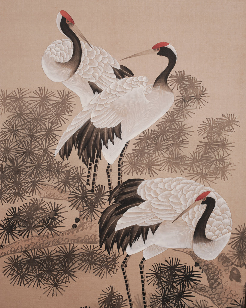 Japanese Style Showa Four-Panel Screen Cranes in Pine Trees