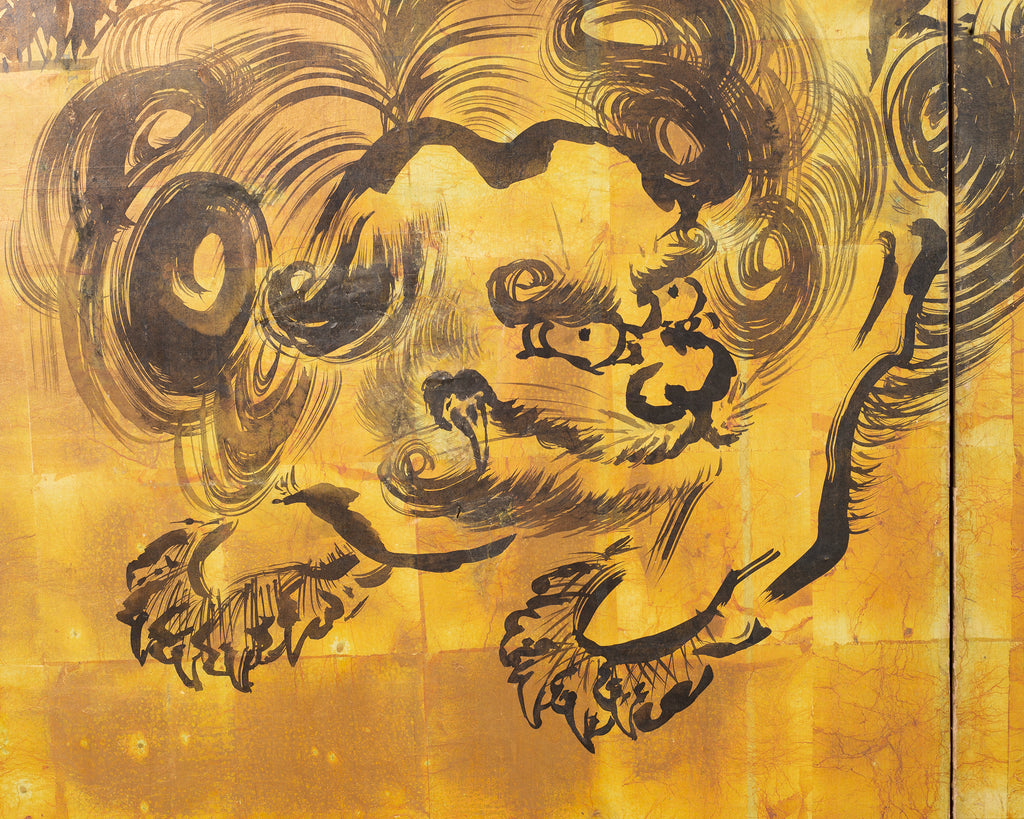 Japanese Showa Four Panel Screen Pair of Karashishi Foo Dogs