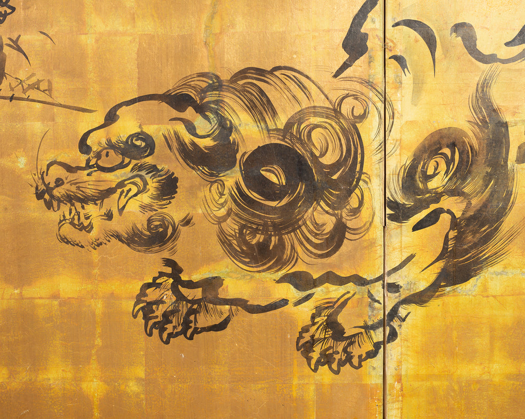 Japanese Showa Four Panel Screen Pair of Karashishi Foo Dogs