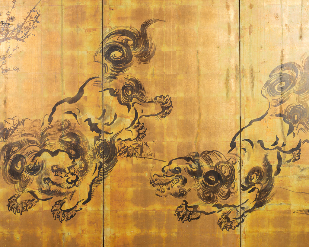 Japanese Showa Four Panel Screen Pair of Karashishi Foo Dogs