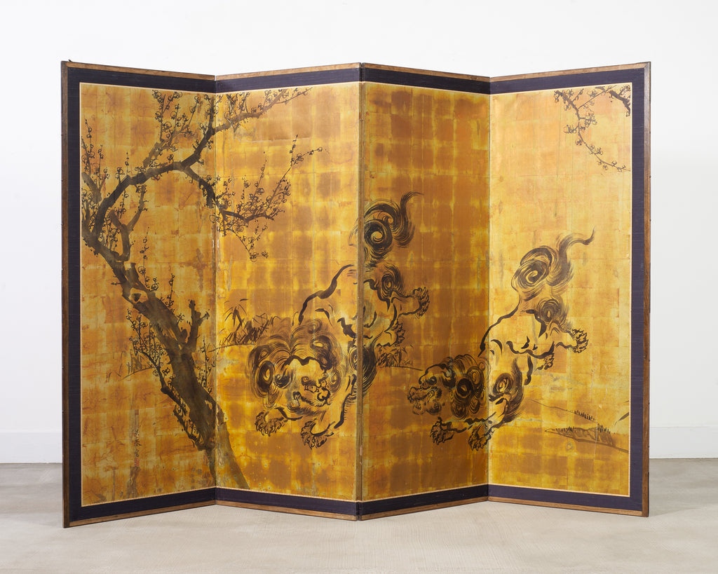 Japanese Showa Four Panel Screen Pair of Karashishi Foo Dogs