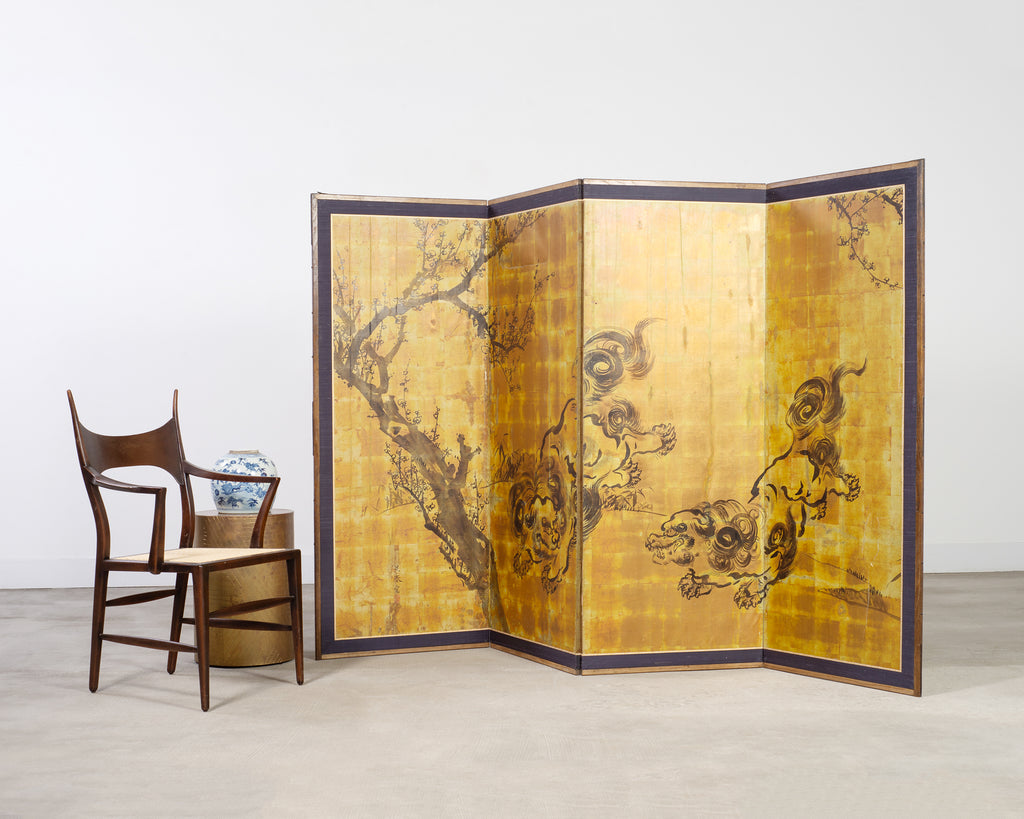 Japanese Showa Four Panel Screen Pair of Karashishi Foo Dogs