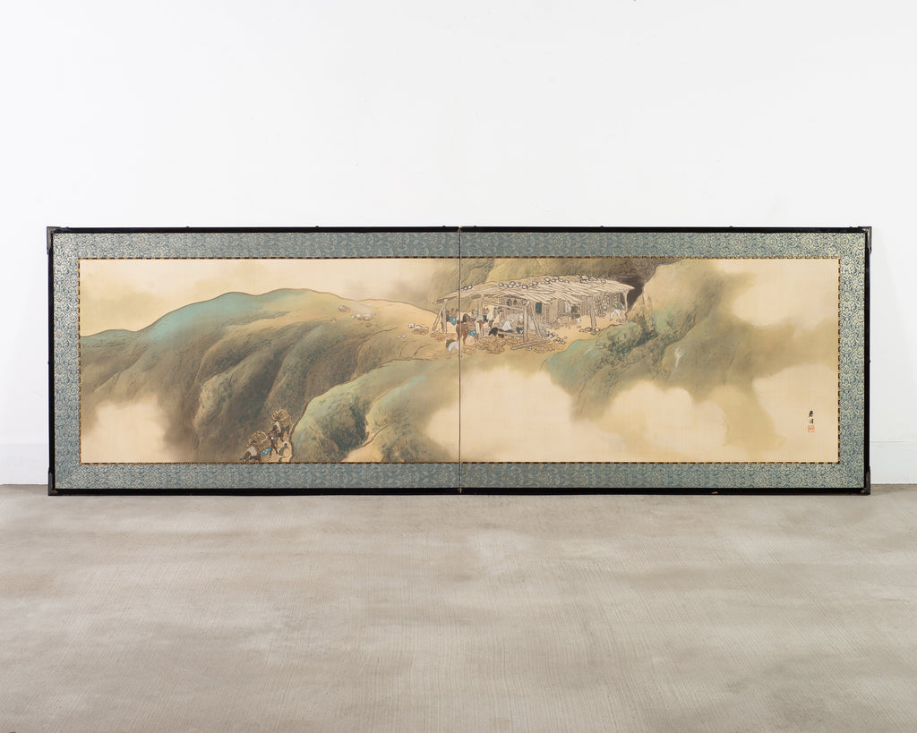 Japanese Taisho Two-Panel Landscape Screen Traveler Waystation