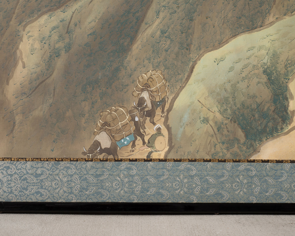 Japanese Taisho Two-Panel Landscape Screen Traveler Waystation