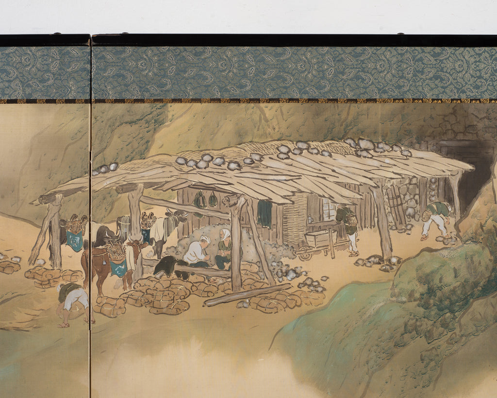 Japanese Taisho Two-Panel Landscape Screen Traveler Waystation