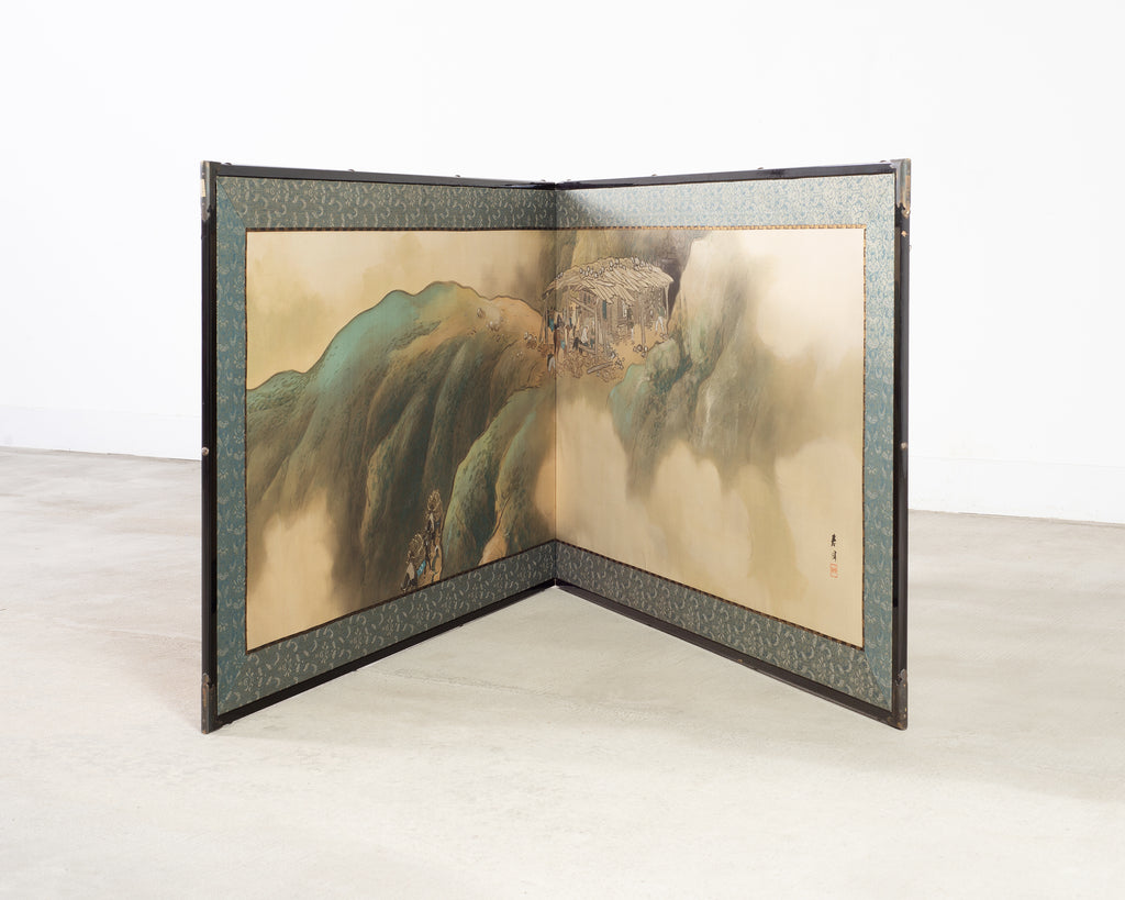 Japanese Taisho Two-Panel Landscape Screen Traveler Waystation